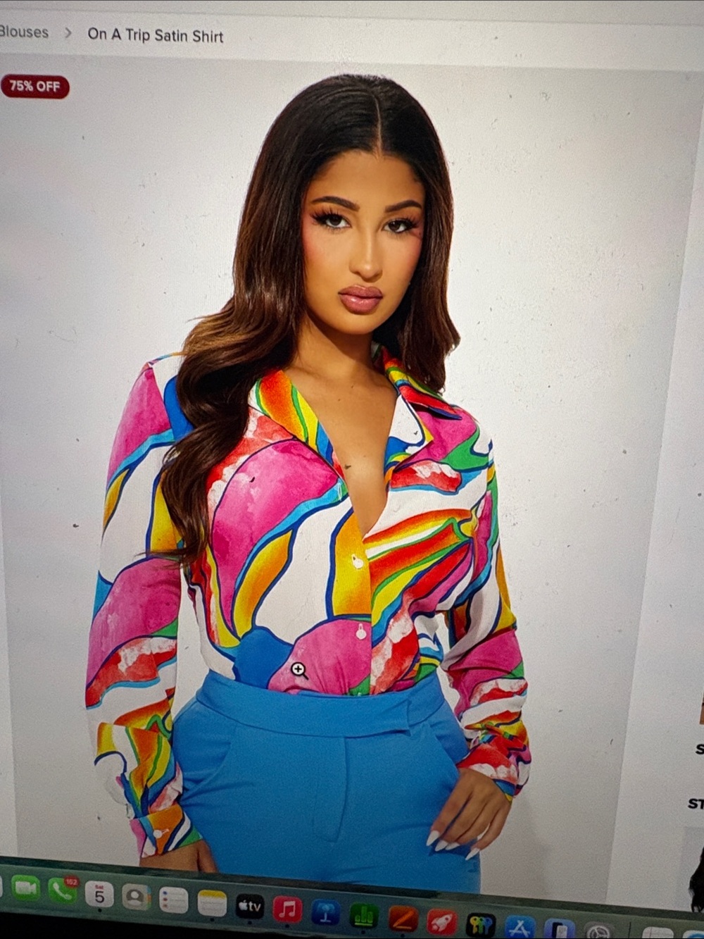 Fashion Nova Multicolor Pink Blue Yellow Abstract Satin Blouse